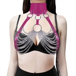 wide leather collar with bra chain