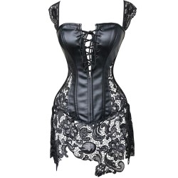 black lace strappy faux leather splicing back zipper bustiers